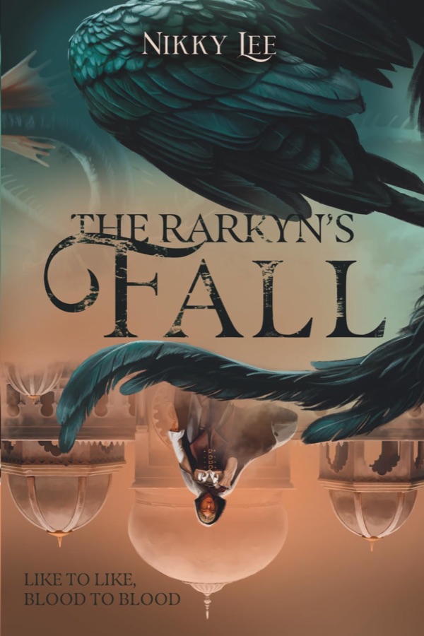 Cover of The Rarkyn’s Fall by Nikky Lee: teal-black feathers over a copper sky, Lyss falling upside down between hanging domed lanterns